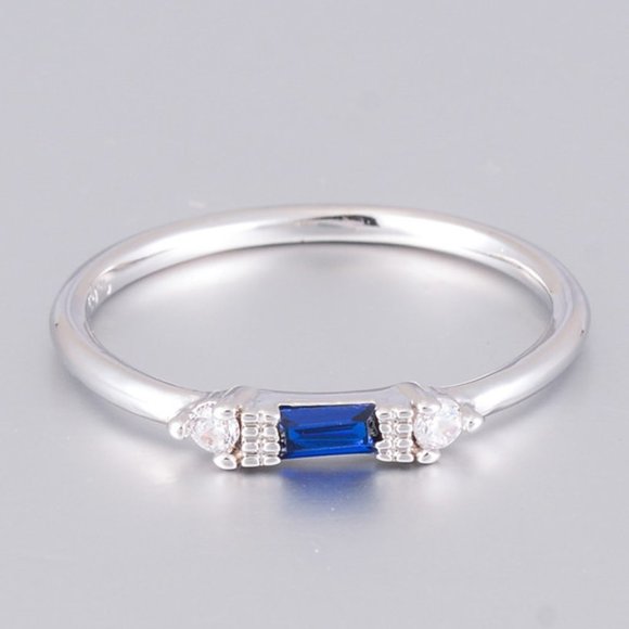 💝 Silver Blue Chic Rectangle Round Gems Dainty Ring for Women, VIP182 - Picture 1 of 5